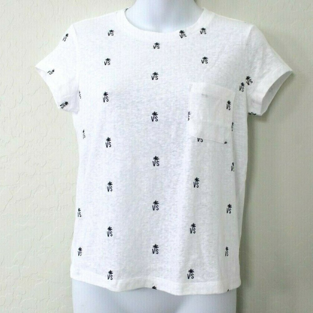Victoria's Secret Palm Tree Logo Allover Semi Sheer Pocket Tee Shirt Size XS